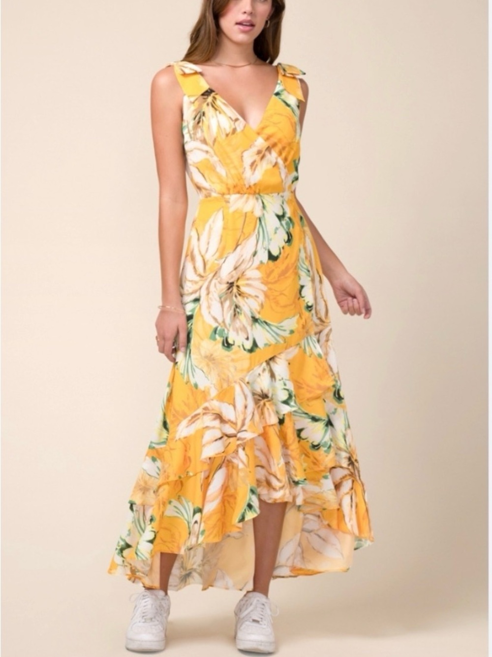 Adelyn Rae Yellow Floral High Low Midi Dress Size Large Ruffle Hem